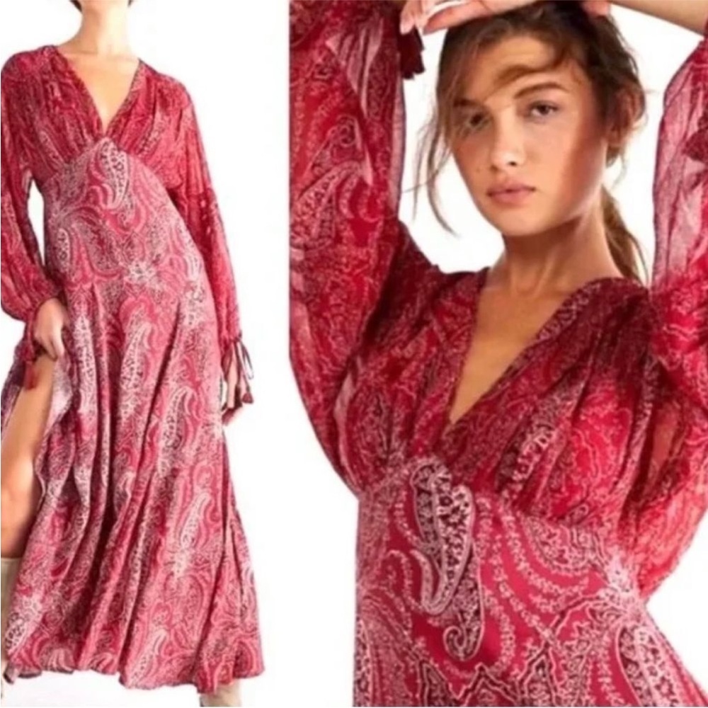 Free People Red Paisley Mirage Bohemian Long Sleeve Maxi Dress